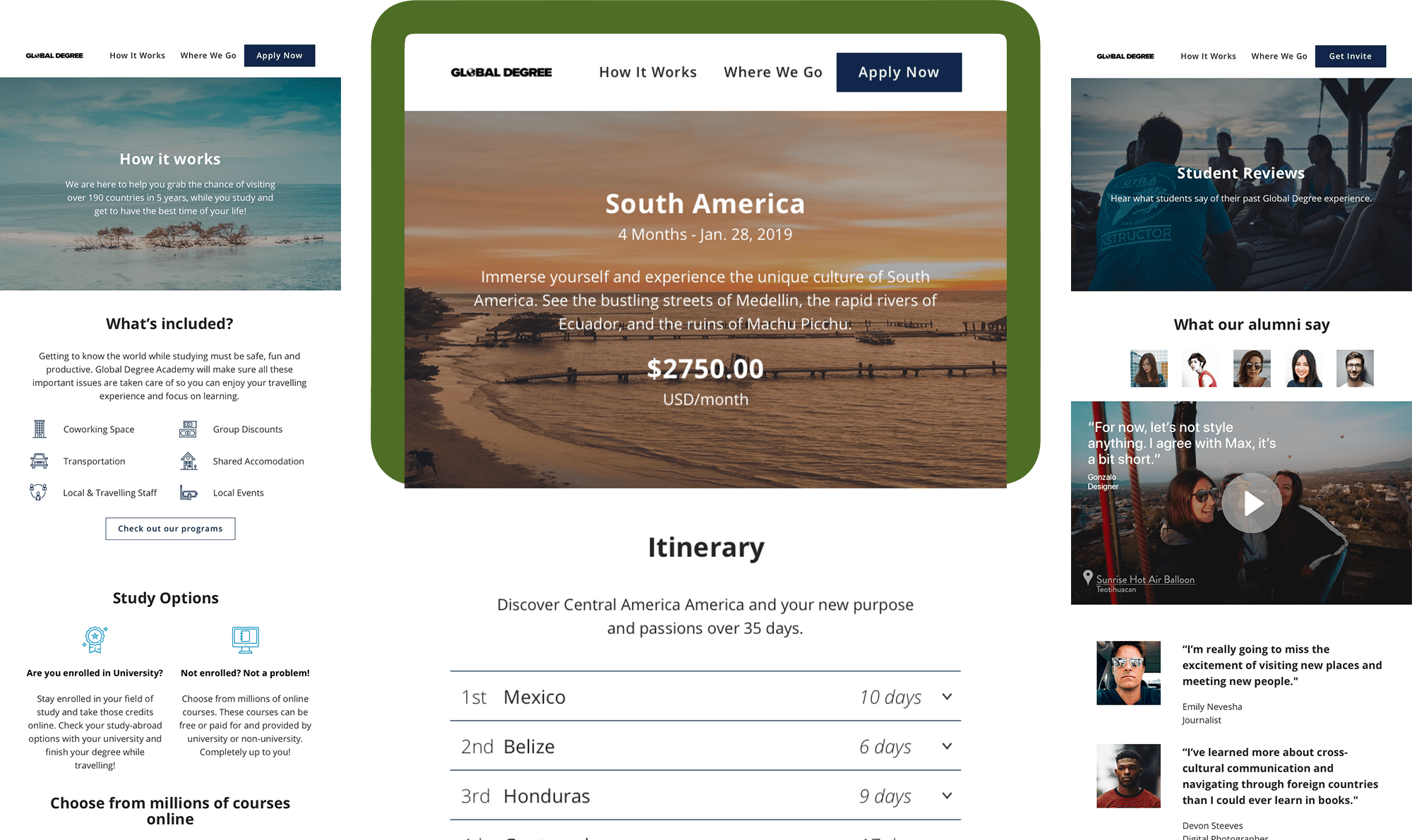 Destinations page for tablet