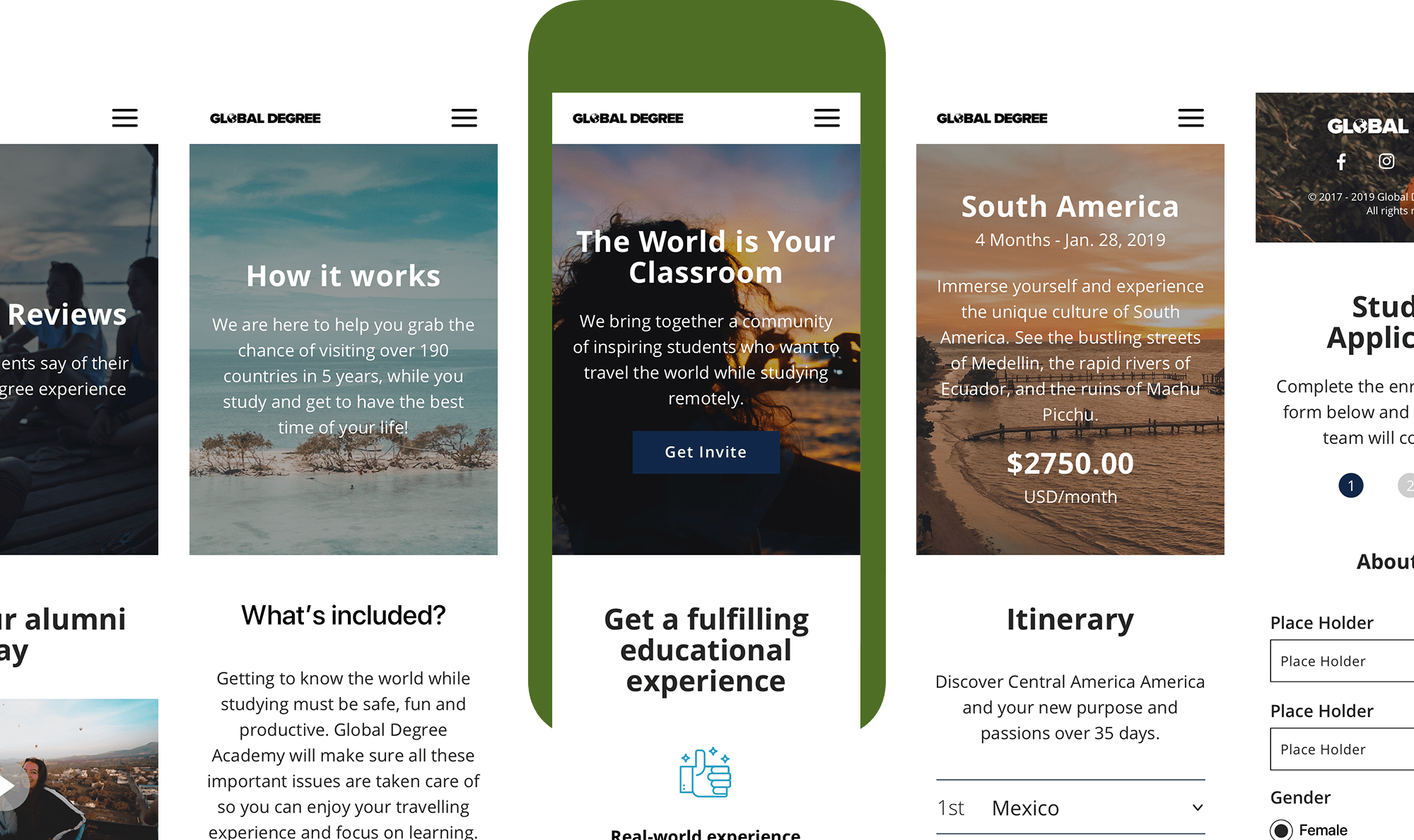 Destinations page for mobile
